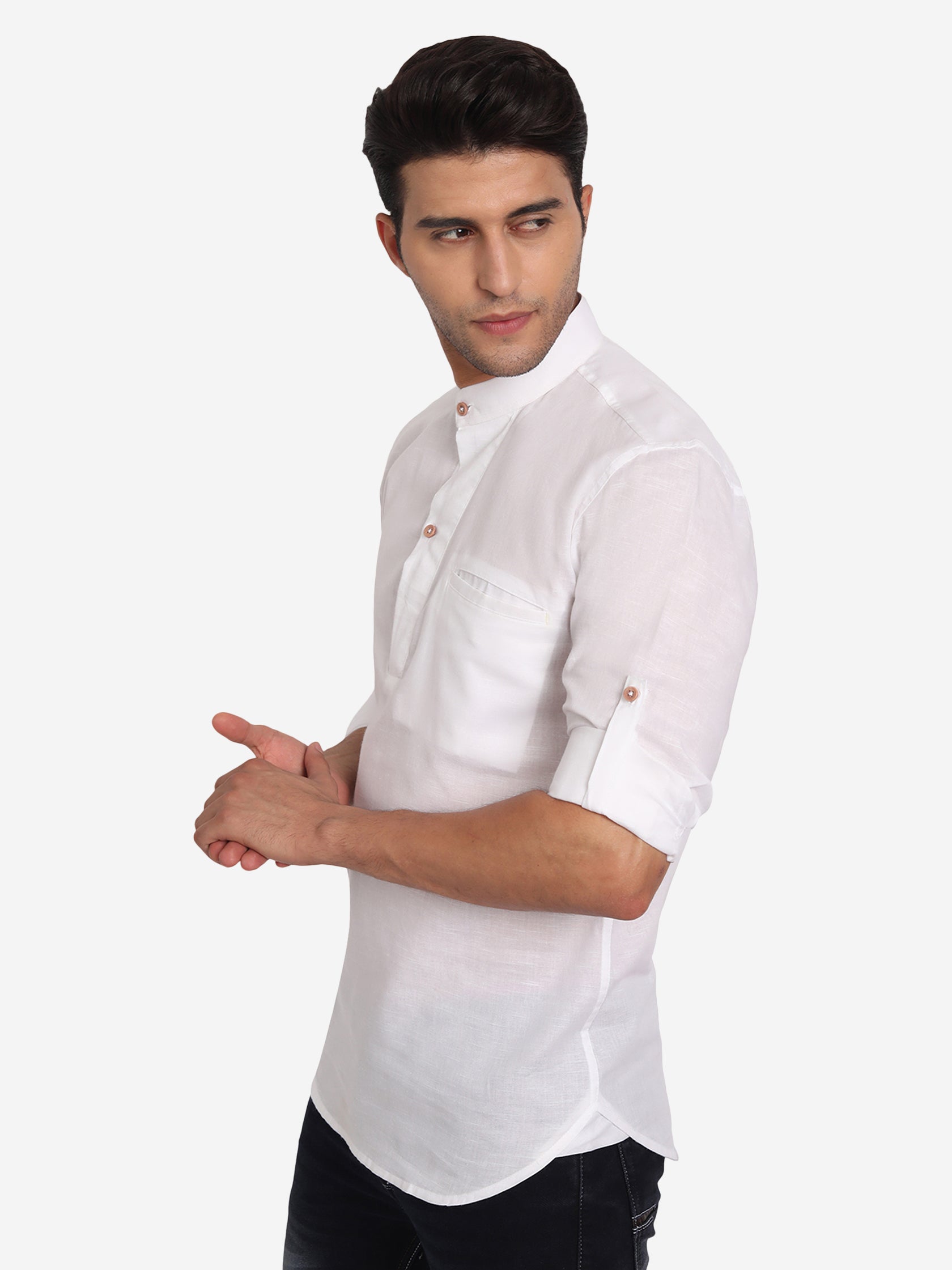 BLUE ROBED Men Pure Cotton Broad Placket Short Kurta in White view 8