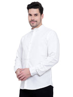 Men's Designer Contrast Button Slim Fit Cotton Shirt in White by BLUE ROBED, front view