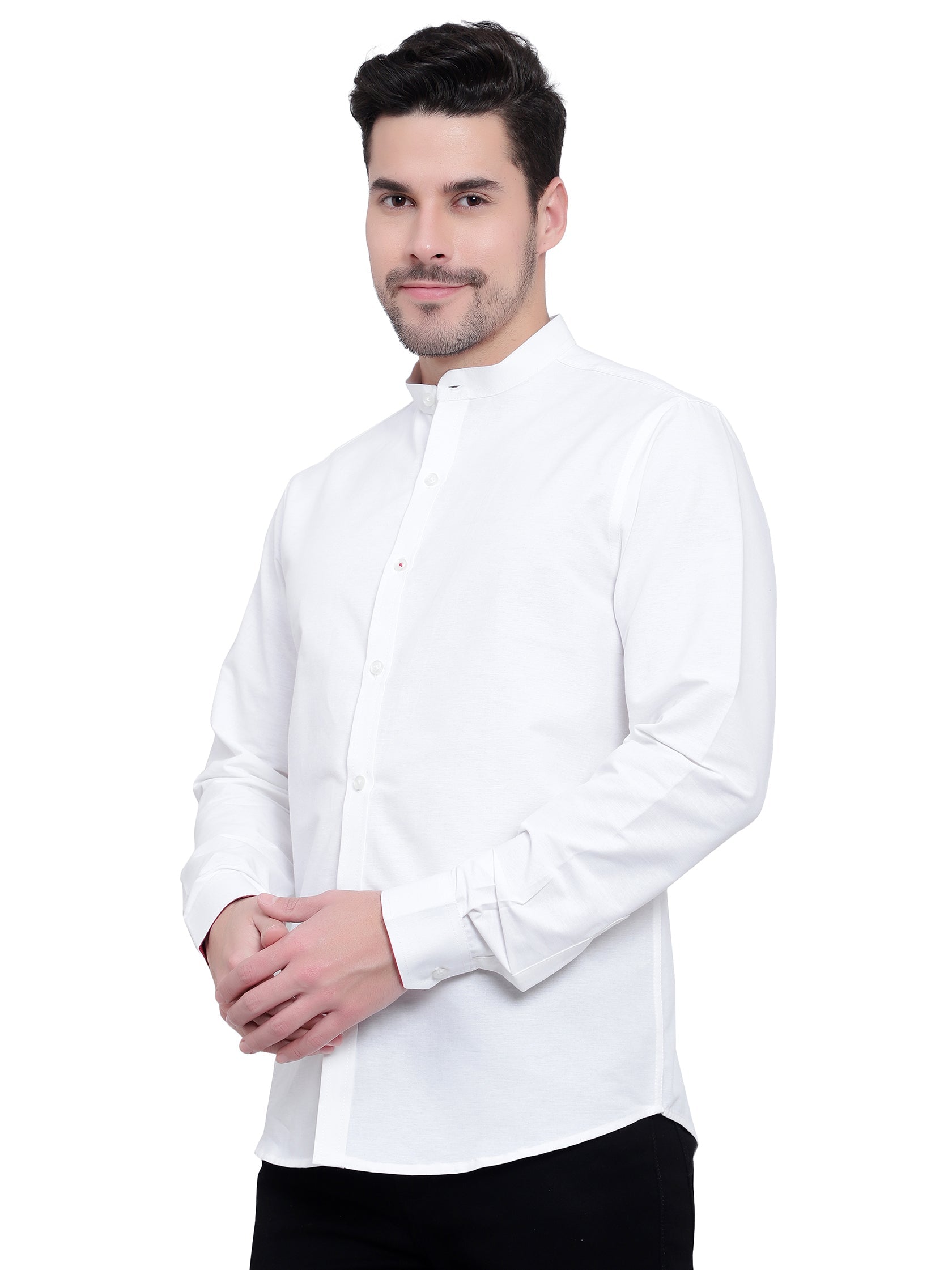 Men's Designer Contrast Button Slim Fit Cotton Shirt in White by BLUE ROBED, front view