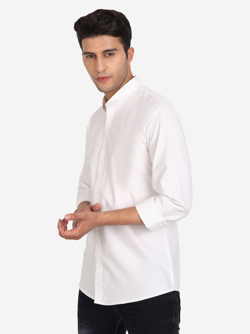 Men's Pure Cotton Mandarin Collar Casual Shirt in White by BLUE ROBED, front view