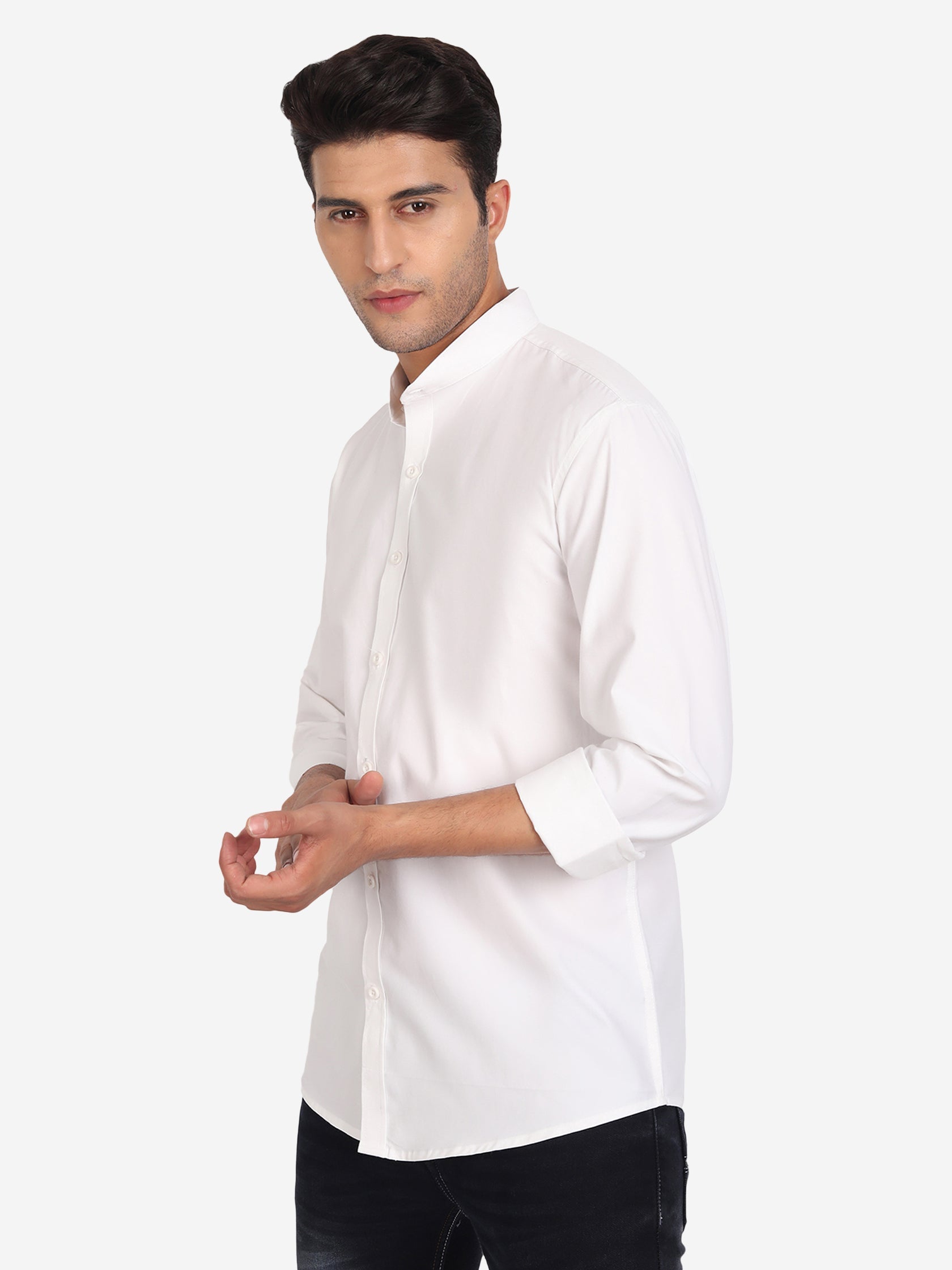 Men's Pure Cotton Mandarin Collar Casual Shirt in White by BLUE ROBED, front view
