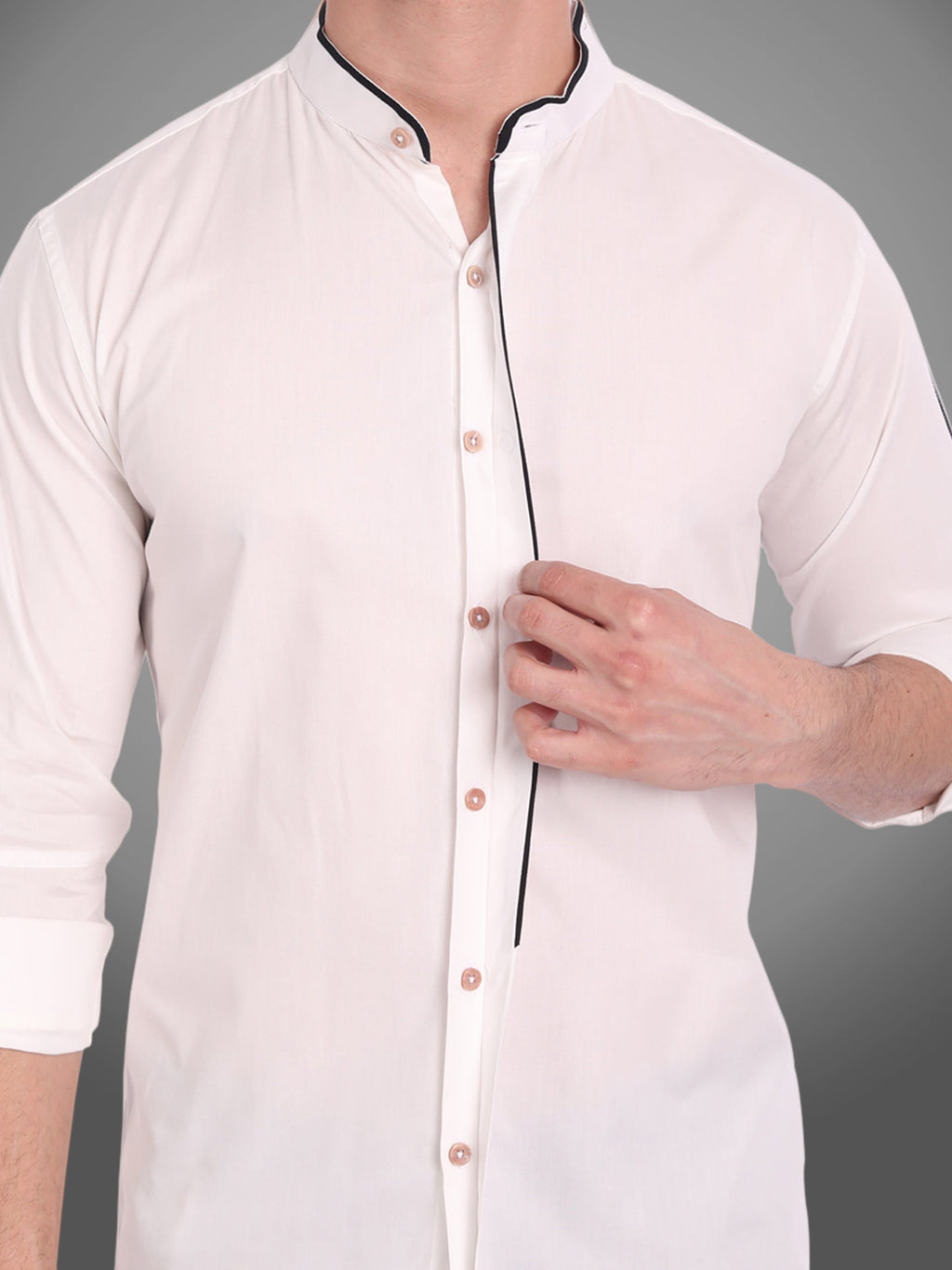 Men's Shoulder Piping Full Sleeve Shirt in Black by BLUE ROBED, fabric detail
