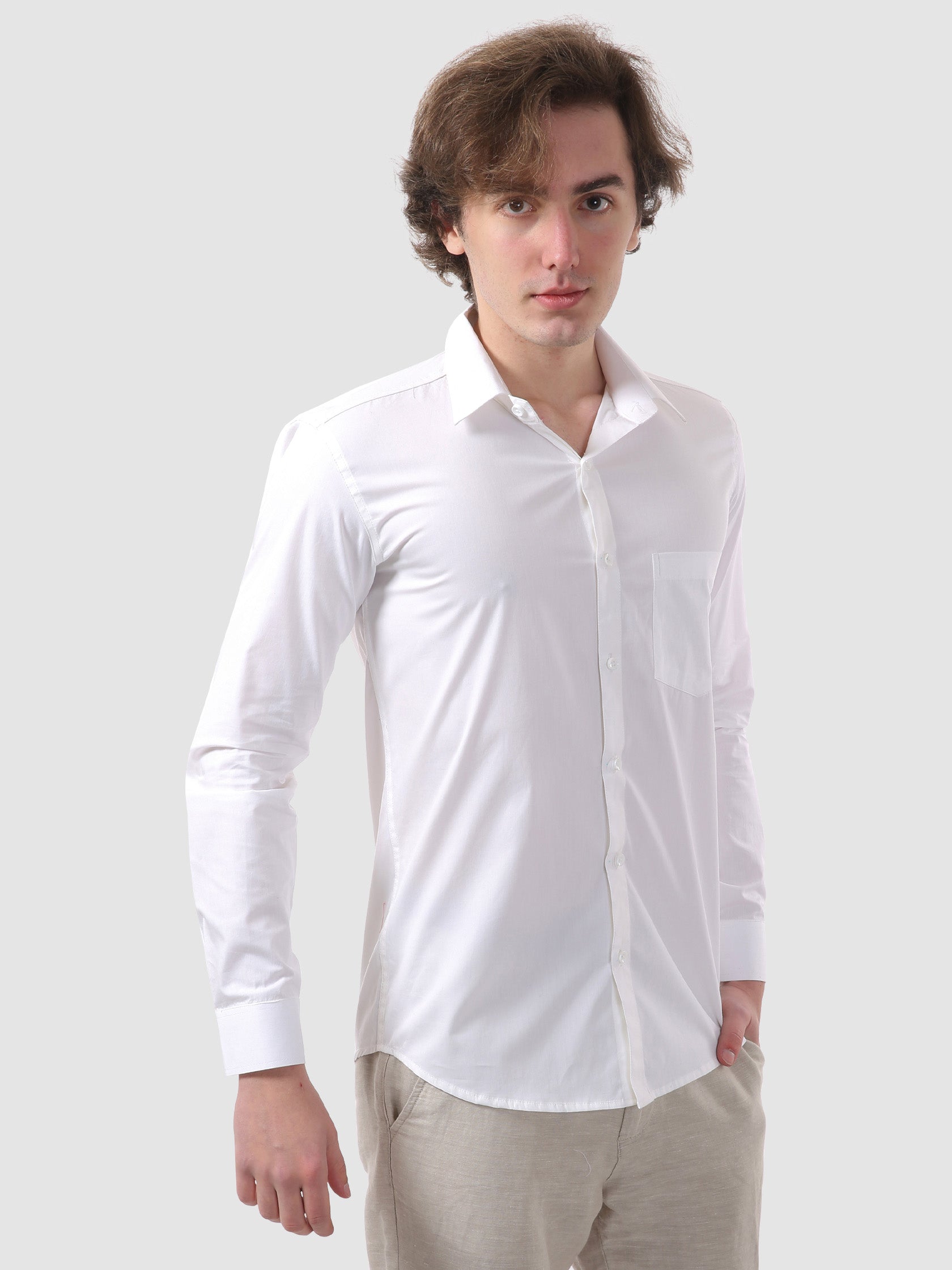 Men's Formal Full Sleeve Plain Shirt in White by BLUE ROBED, front view