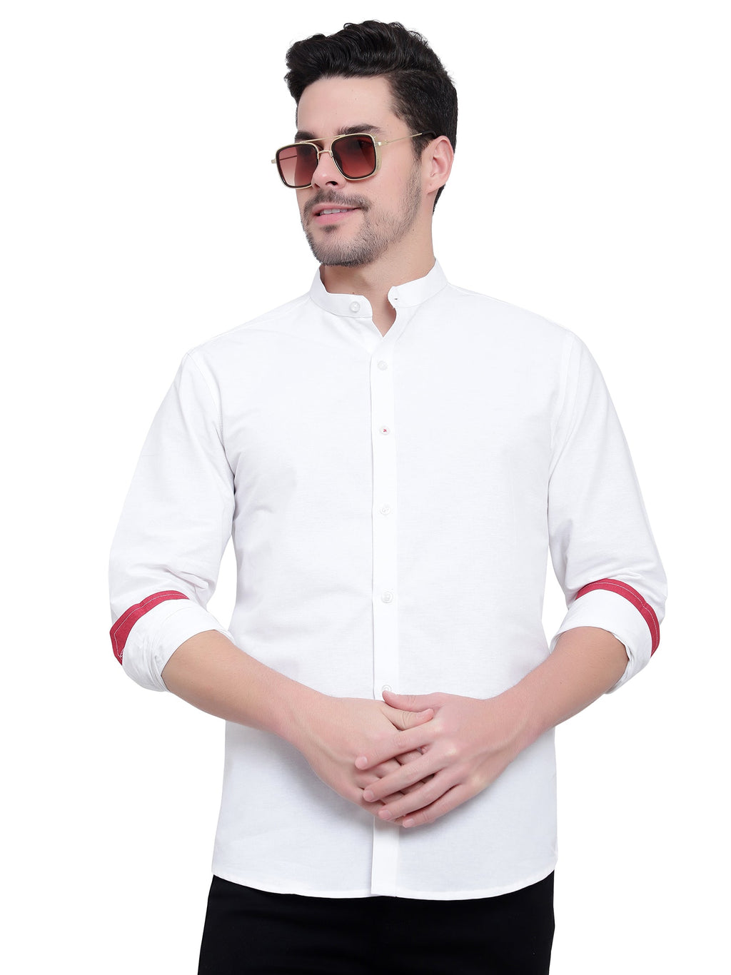 Men's Designer Contrast Button Slim Fit Cotton Shirt in White by BLUE ROBED, side view