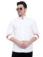 Men's Designer Contrast Button Slim Fit Cotton Shirt in White by BLUE ROBED, side view