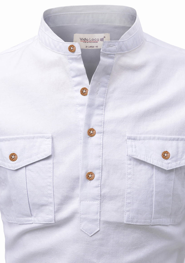 BLUE ROBED men's Casual Slim Fit Full Sleeve Double Pocket Cotton Kurta in White view 3