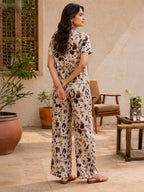 Women's Abstract Printed Linen Cotton Night Suit Co-ord Set | Half Sleeve Top & Full-Length Pyjama | Soft & Breathable Sleepwear