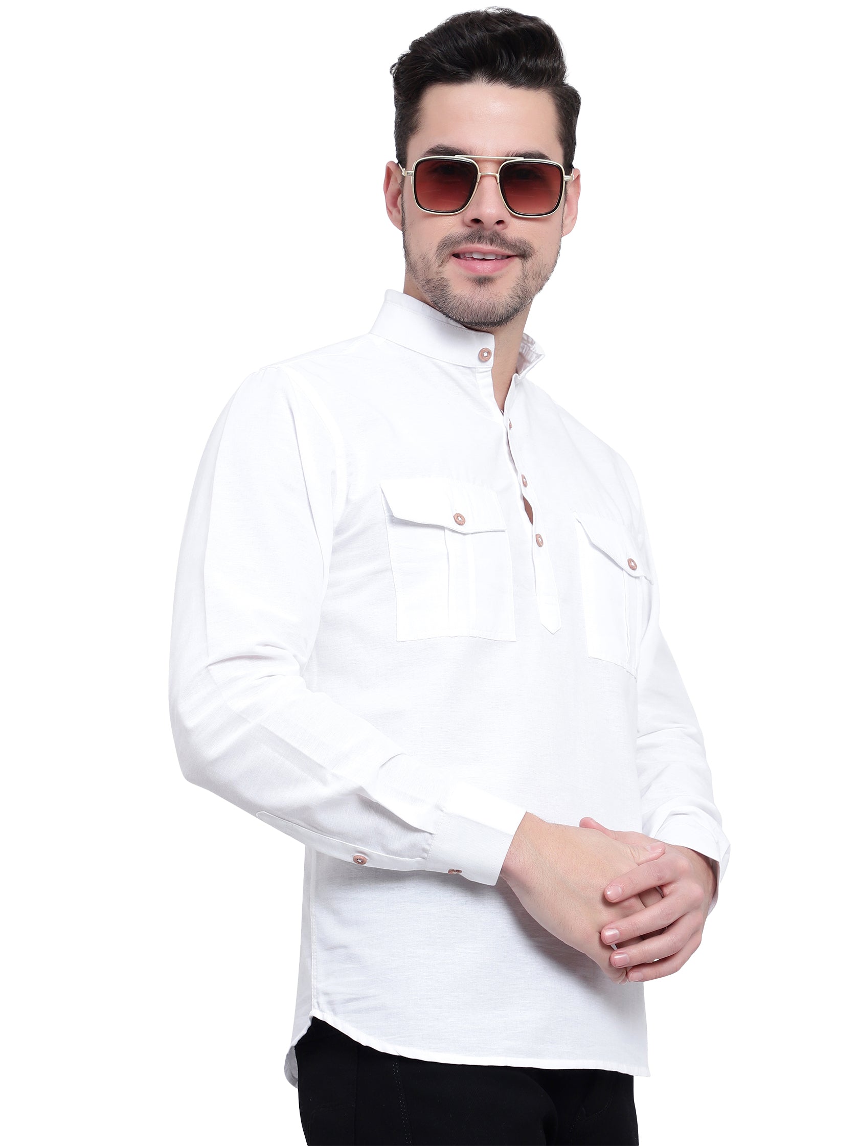 BLUE ROBED men's Casual Slim Fit Full Sleeve Double Pocket Cotton Kurta in White view 10