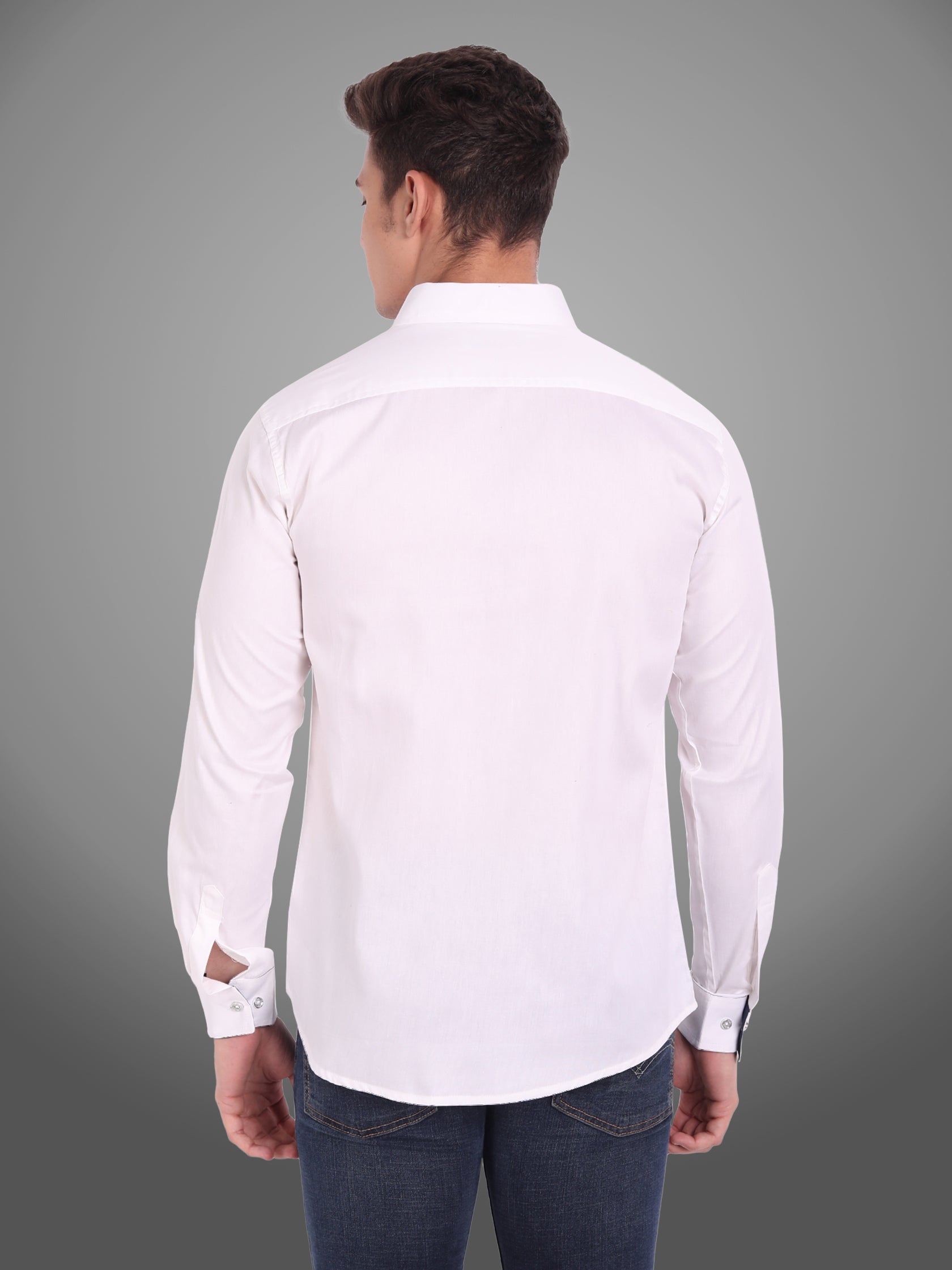 Men's Casual Full Sleeve Silver Button Shirt in White by BLUE ROBED, side view