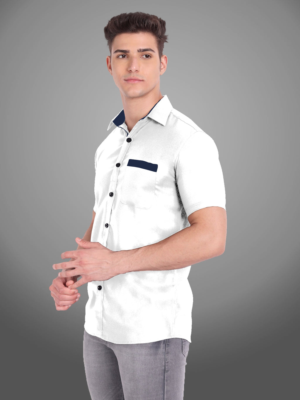 Men's Casual Half Sleeve Silver Button Shirt in Black by BLUE ROBED, fit view