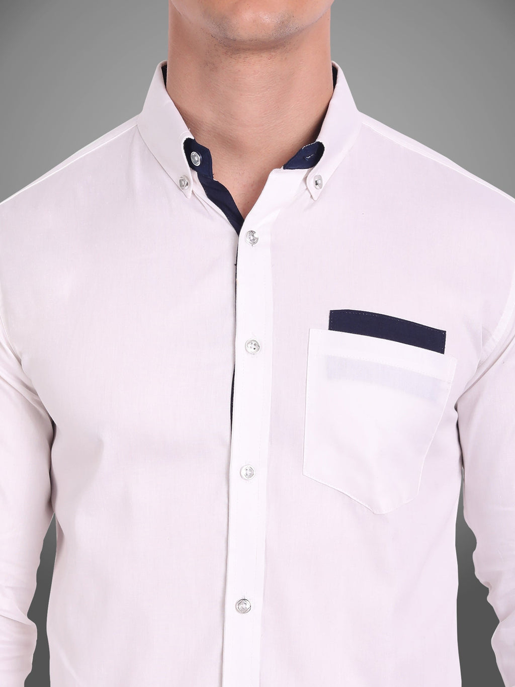 Men's Casual Full Sleeve Silver Button Shirt in White by BLUE ROBED, back view
