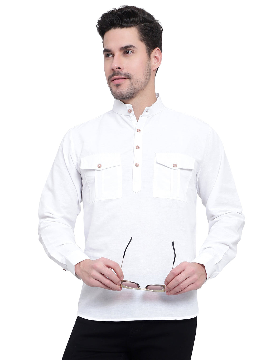 BLUE ROBED men's Casual Slim Fit Full Sleeve Double Pocket Cotton Kurta in White view 11
