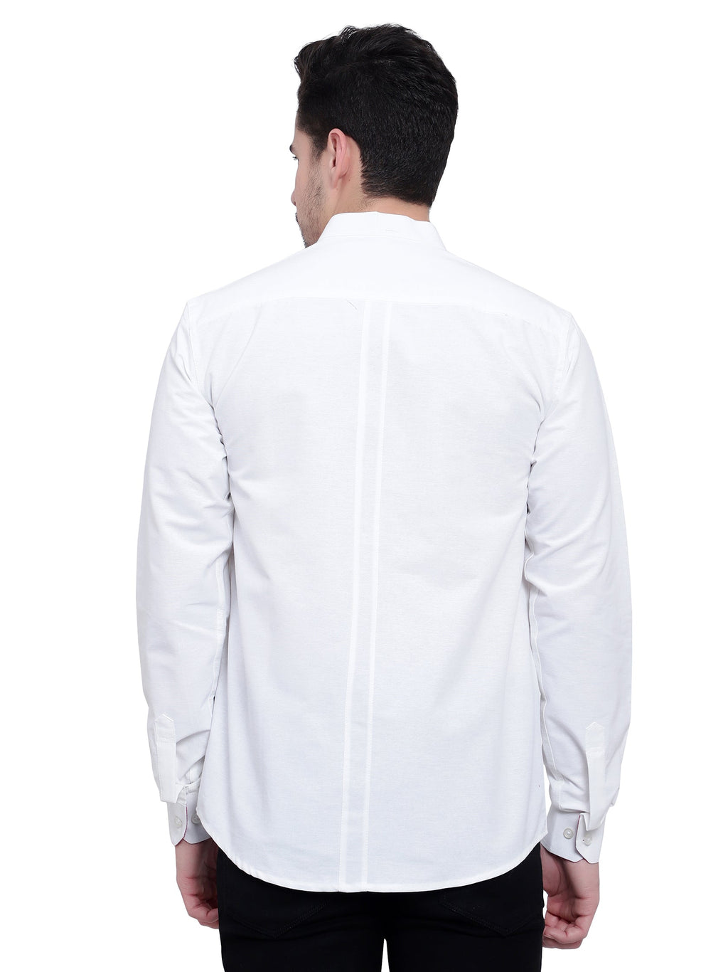 Men's Designer Contrast Button Slim Fit Cotton Shirt in White by BLUE ROBED, back view