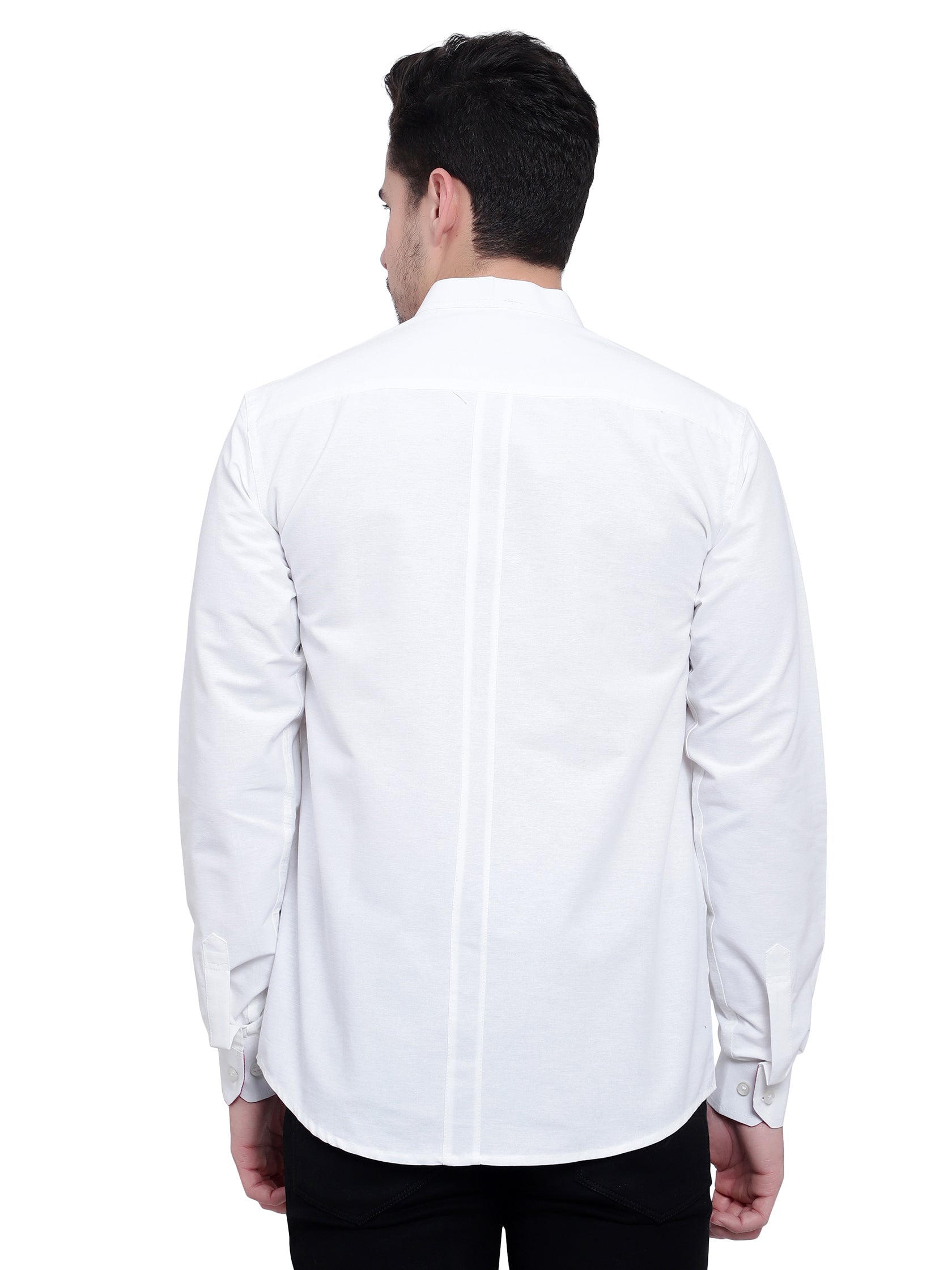 Men's Designer Contrast Button Slim Fit Cotton Shirt in White by BLUE ROBED, back view