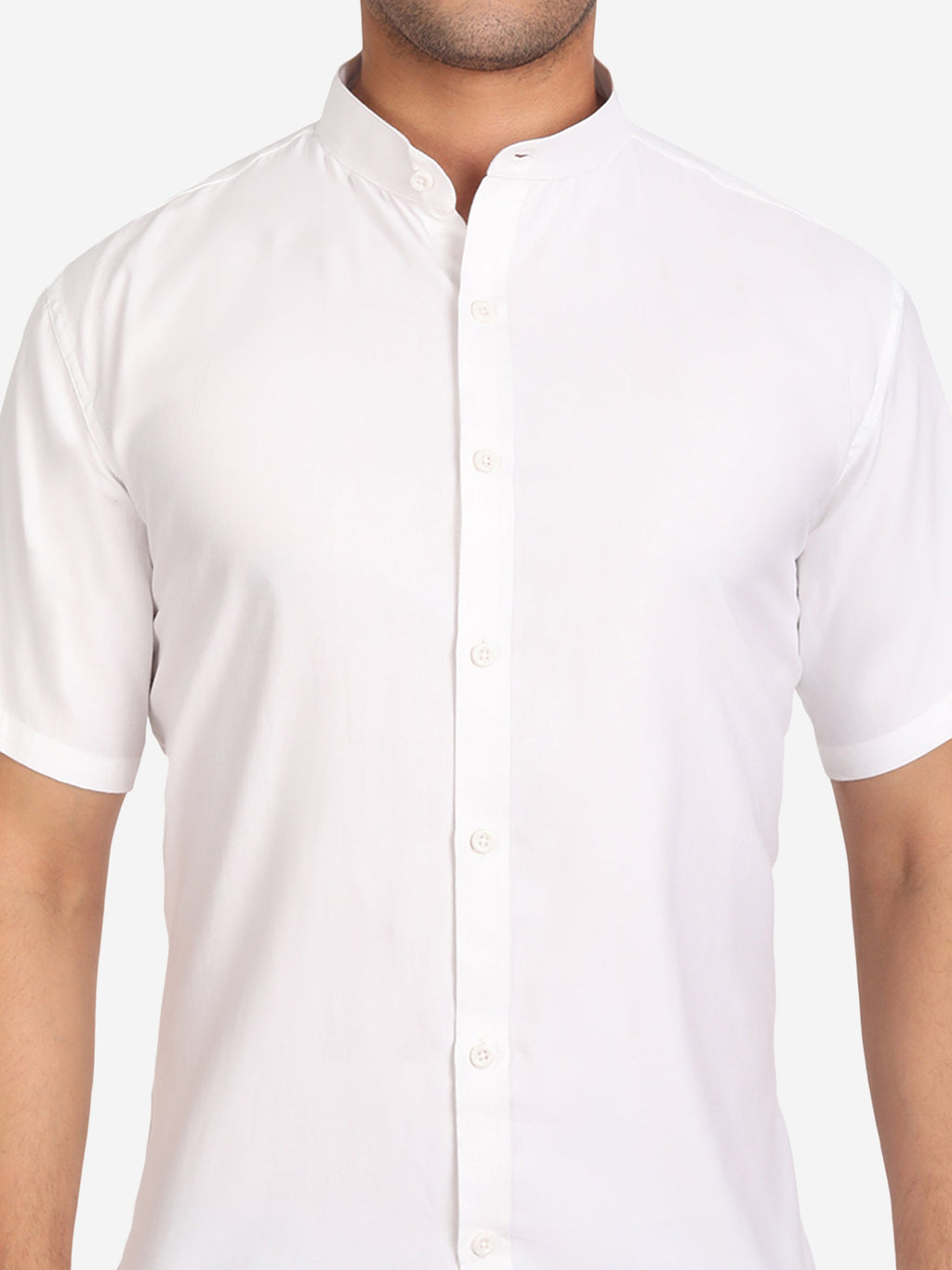 Men's Pure Cotton Mandarin Collar Casual Half Sleeve Shirt in White by BLUE ROBED, back view