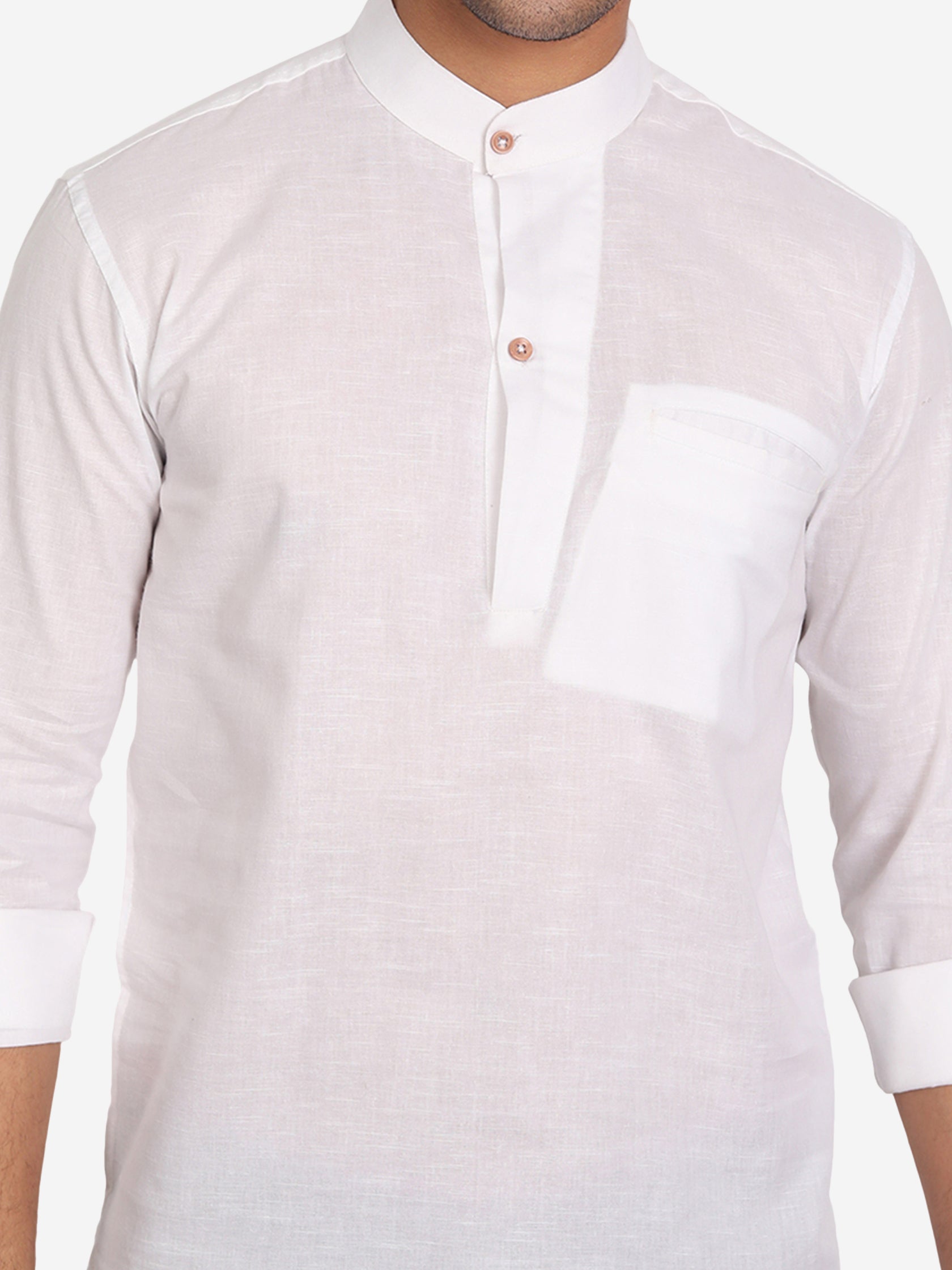 BLUE ROBED Men Pure Cotton Broad Placket Short Kurta in White view 10