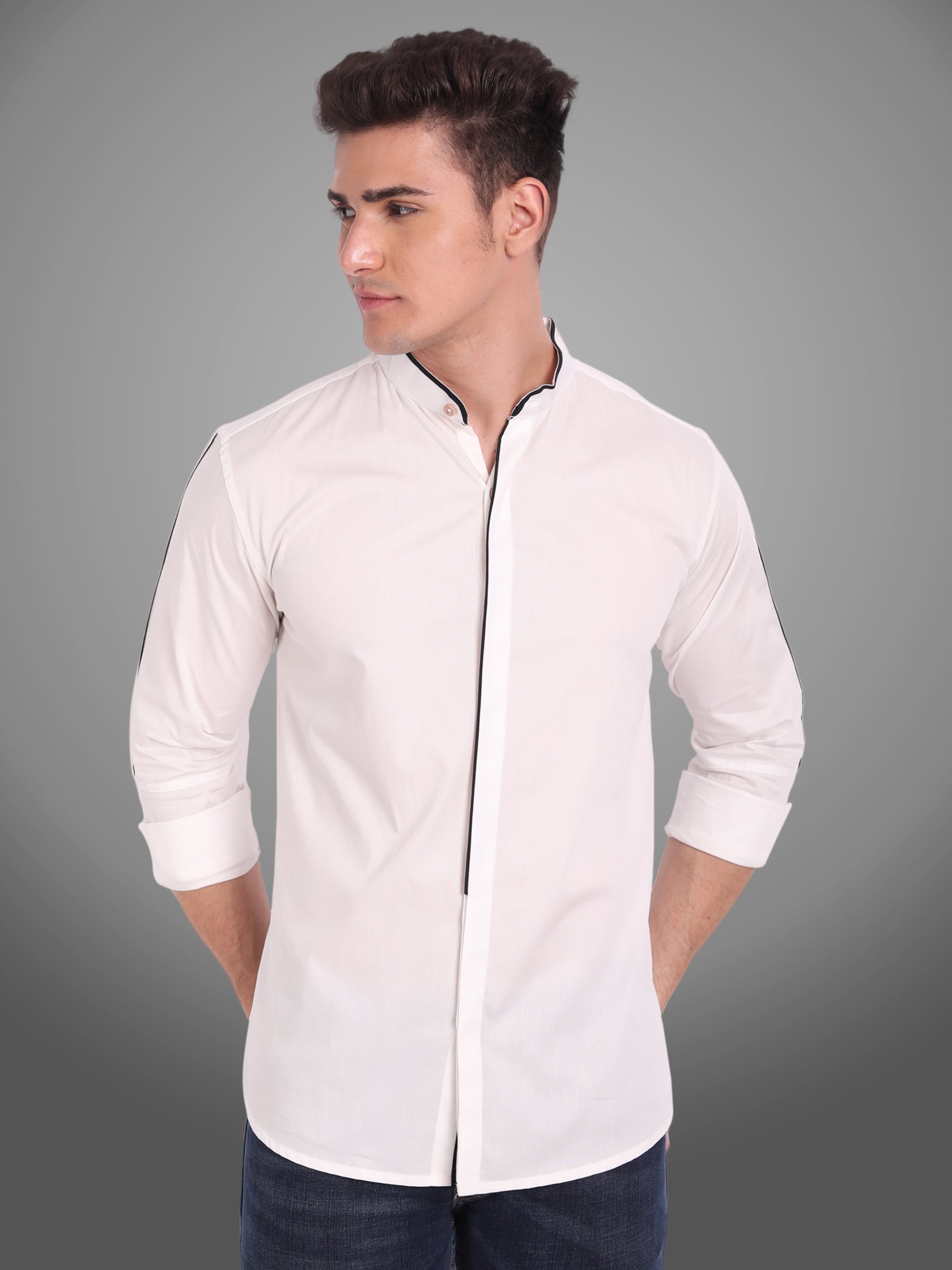 Men's Shoulder Piping Full Sleeve Shirt in Black by BLUE ROBED, side view