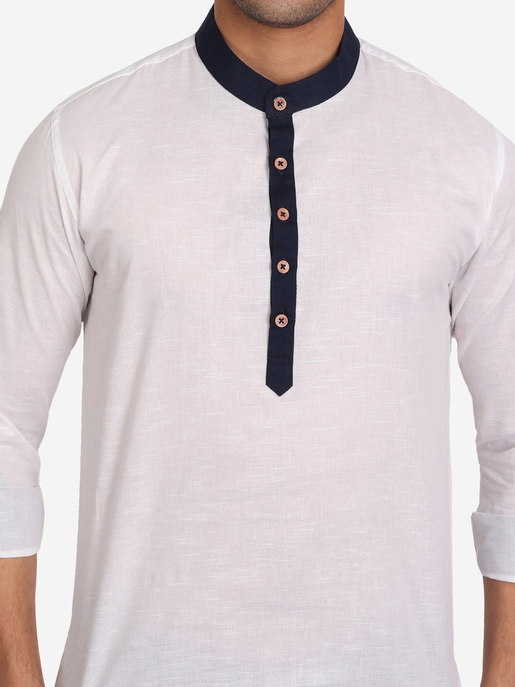 BLUE ROBED Men Slim Fit Contrast Collar Kurta in White view 4