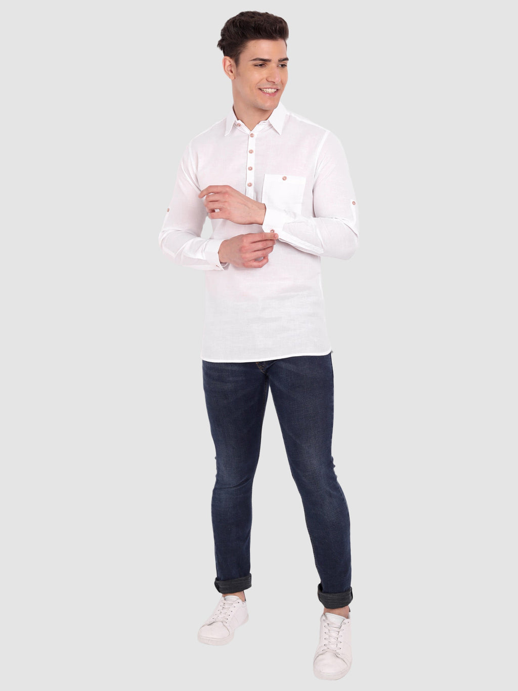 BLUE ROBED men's Full Sleeve Casual Cotton Kurta in White view 5