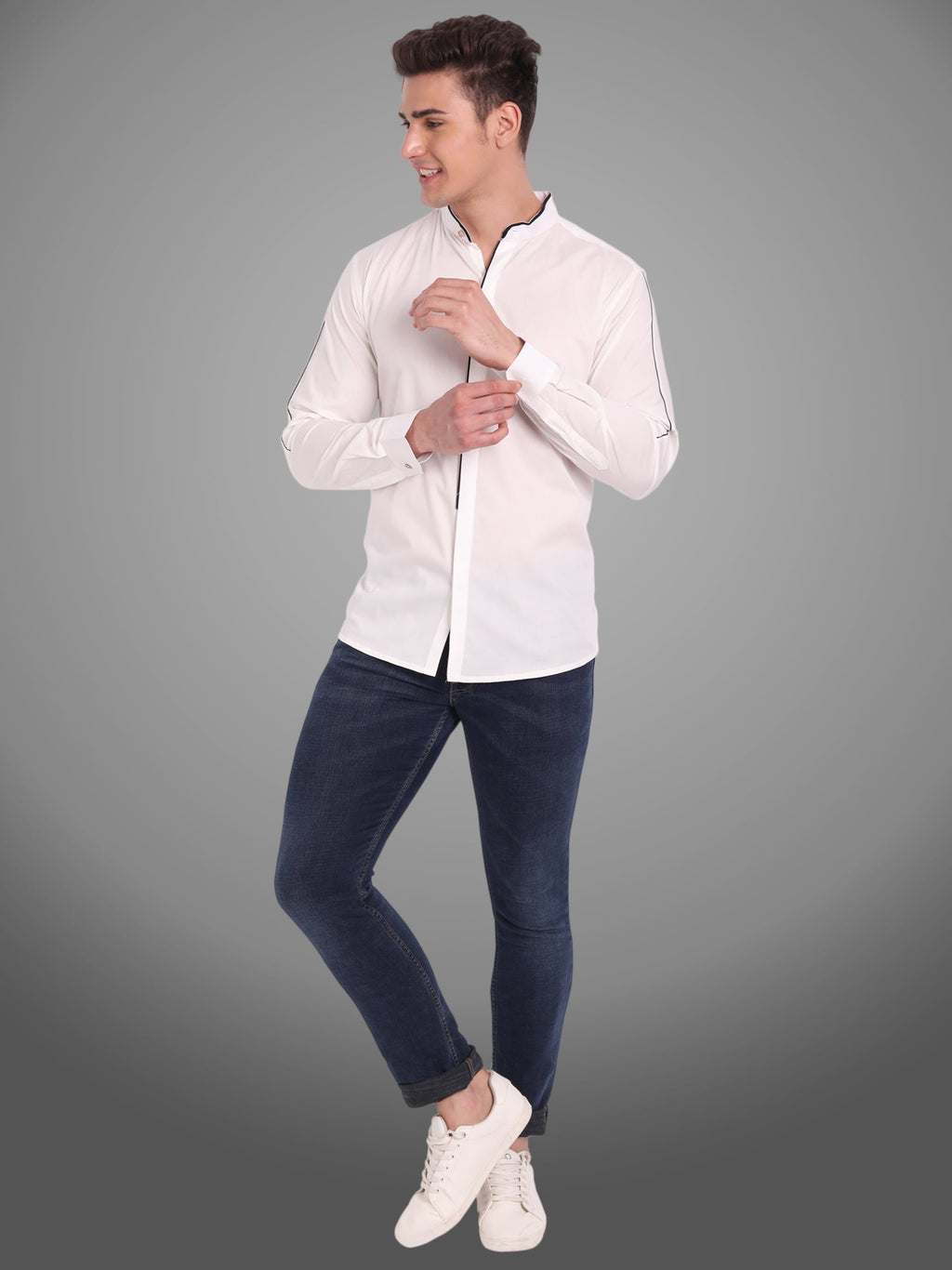 Men's Shoulder Piping Full Sleeve Shirt in Black by BLUE ROBED, back view