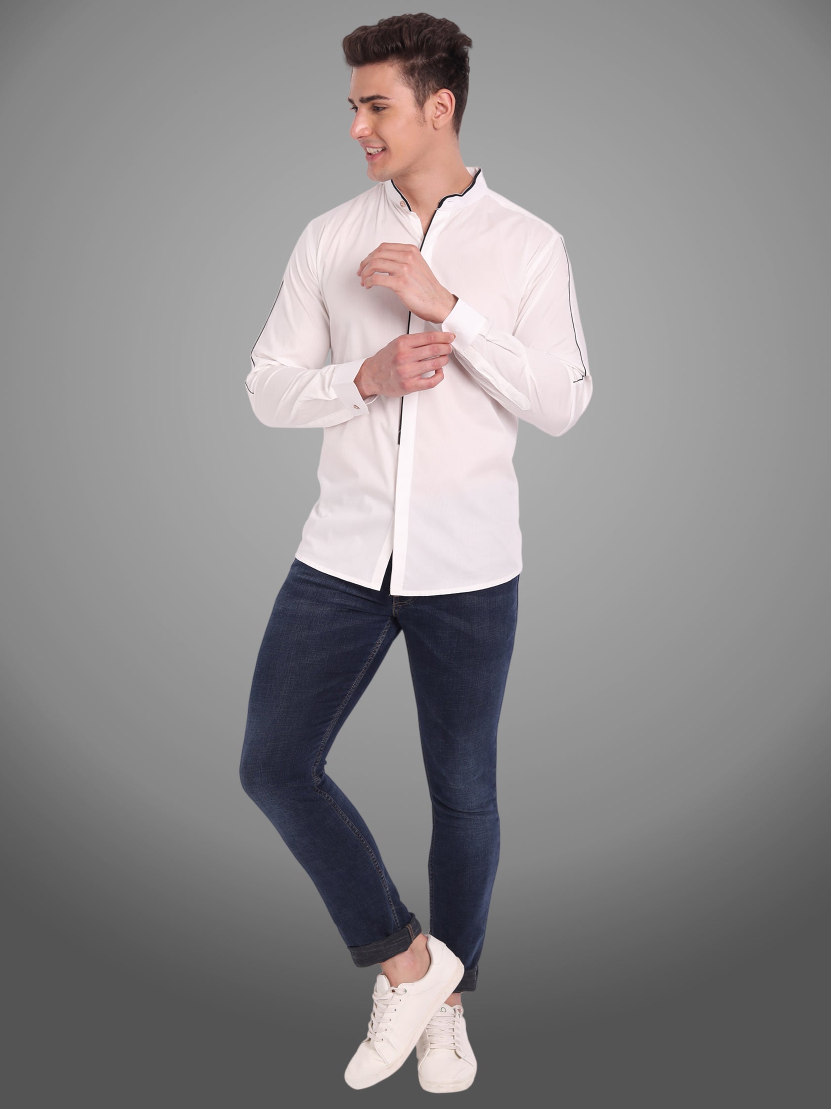 Men's Shoulder Piping Full Sleeve Shirt in Black by BLUE ROBED, back view
