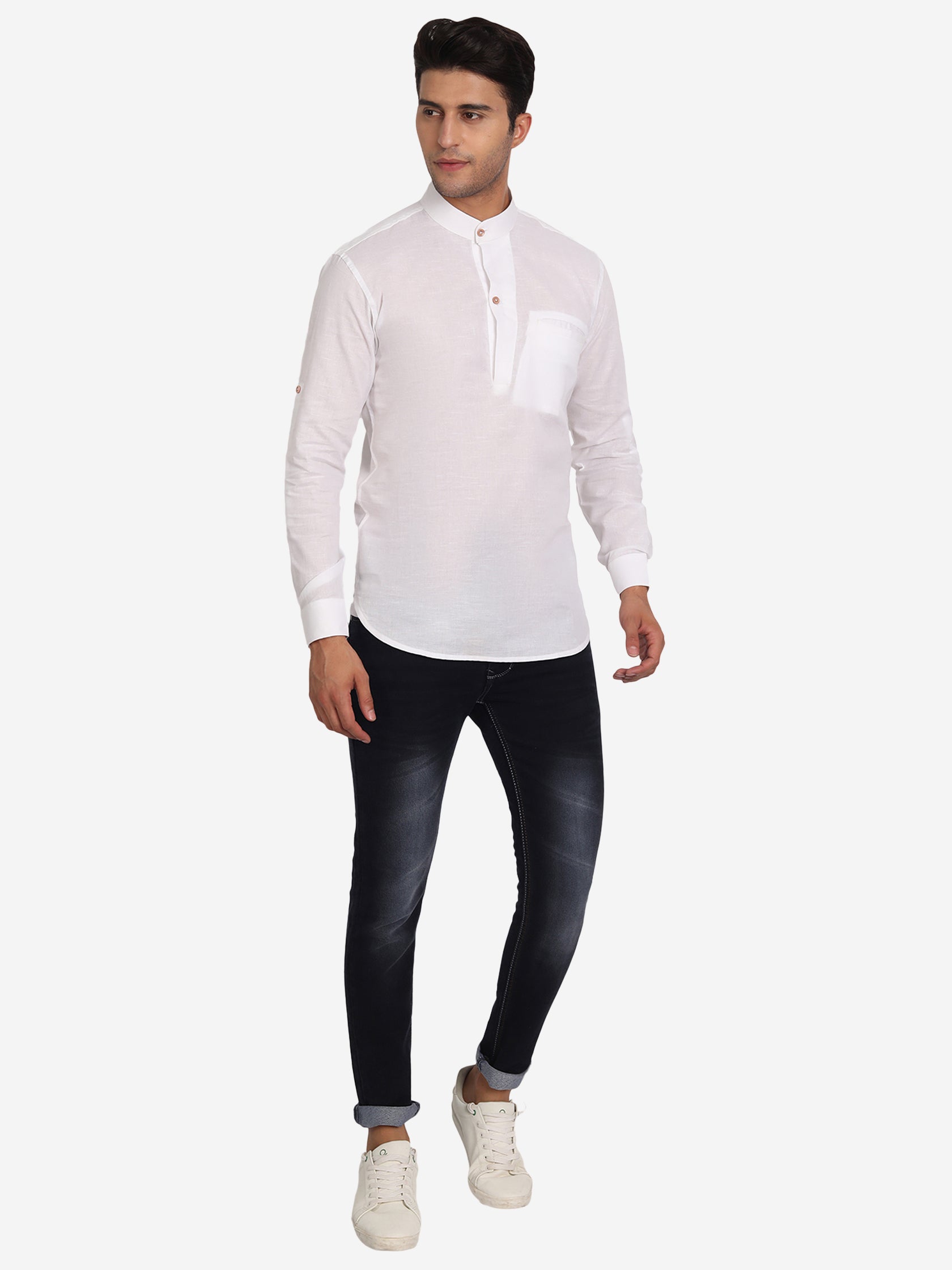 BLUE ROBED Men Pure Cotton Broad Placket Short Kurta in White view 11
