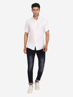 Men's Pure Cotton Mandarin Collar Casual Half Sleeve Shirt in White by BLUE ROBED, detail view