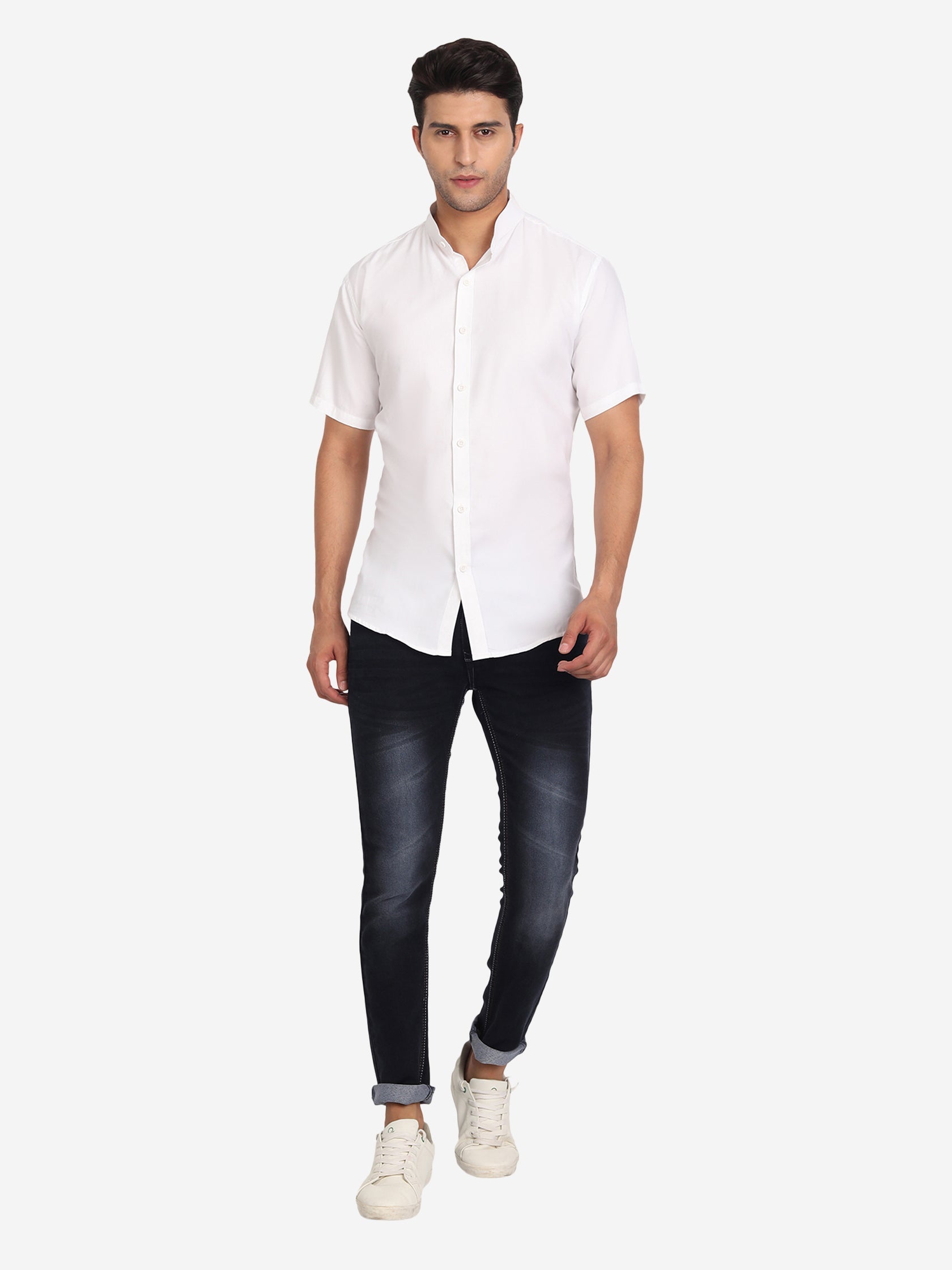 Men's Pure Cotton Mandarin Collar Casual Half Sleeve Shirt in White by BLUE ROBED, detail view