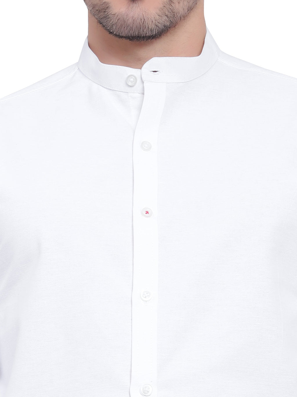 Men's Designer Contrast Button Slim Fit Cotton Shirt in White by BLUE ROBED, detail view