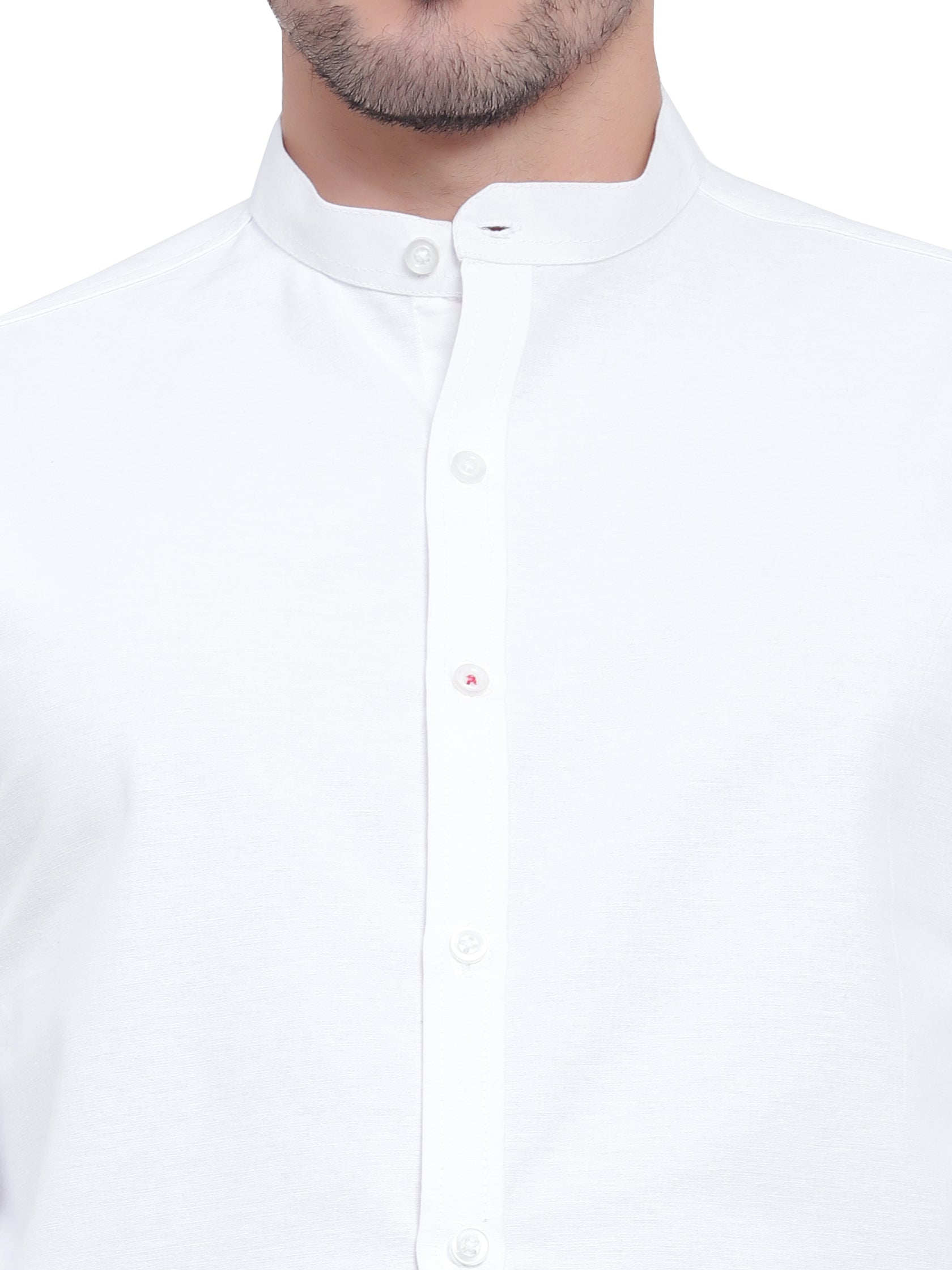 Men's Designer Contrast Button Slim Fit Cotton Shirt in White by BLUE ROBED, detail view