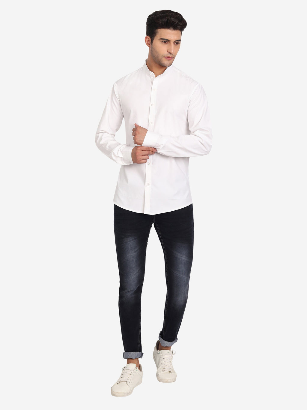 Men's Pure Cotton Mandarin Collar Casual Shirt in White by BLUE ROBED, detail view