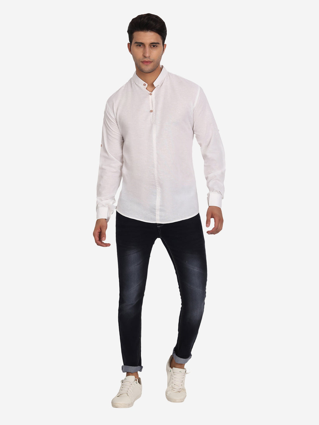 BLUE ROBED Men Double Button Slim Fit Casual Kurta in White view 13