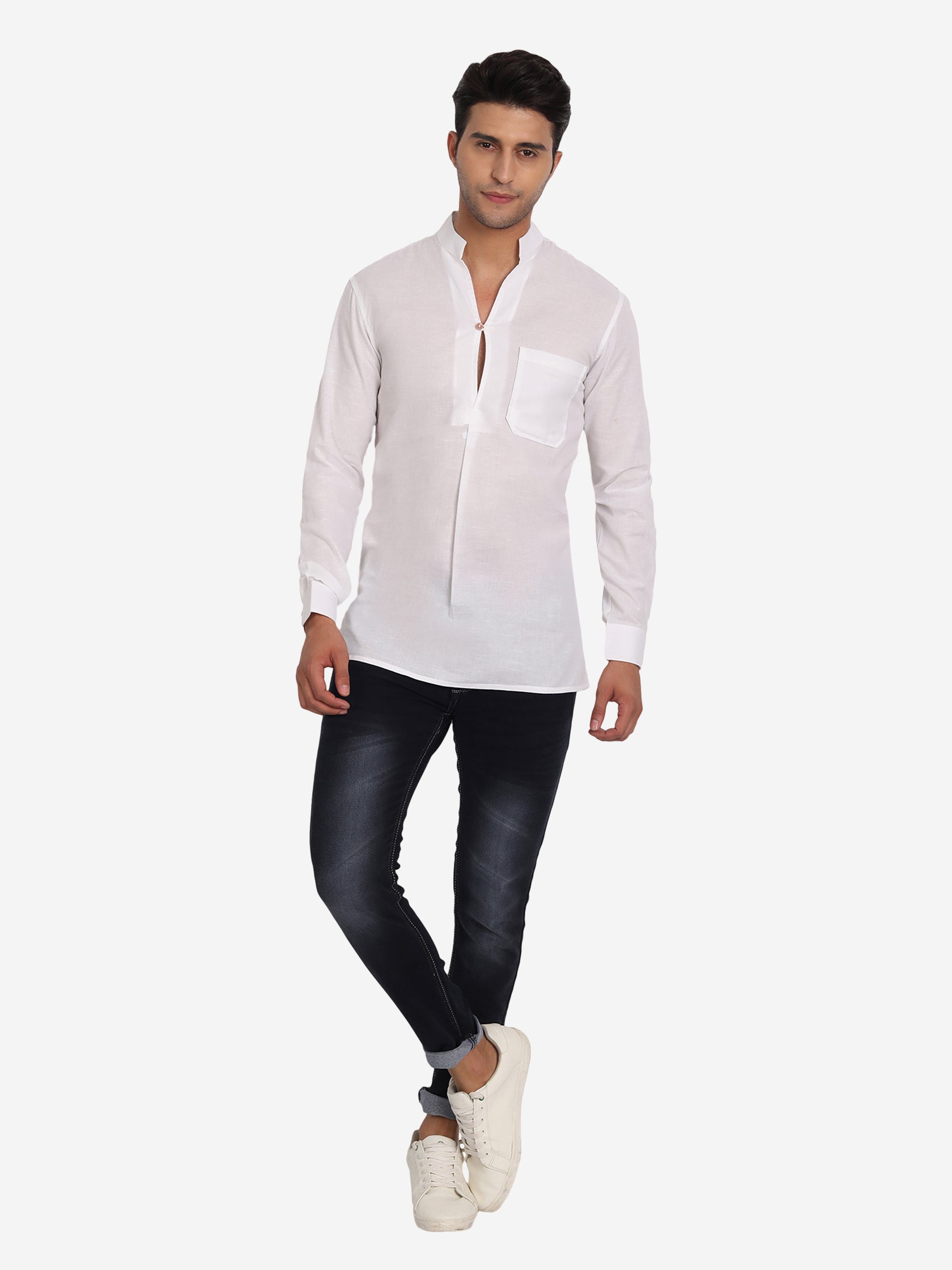 BLUE ROBED Men Single Button Slim Fit Casual Kurta in White view 5