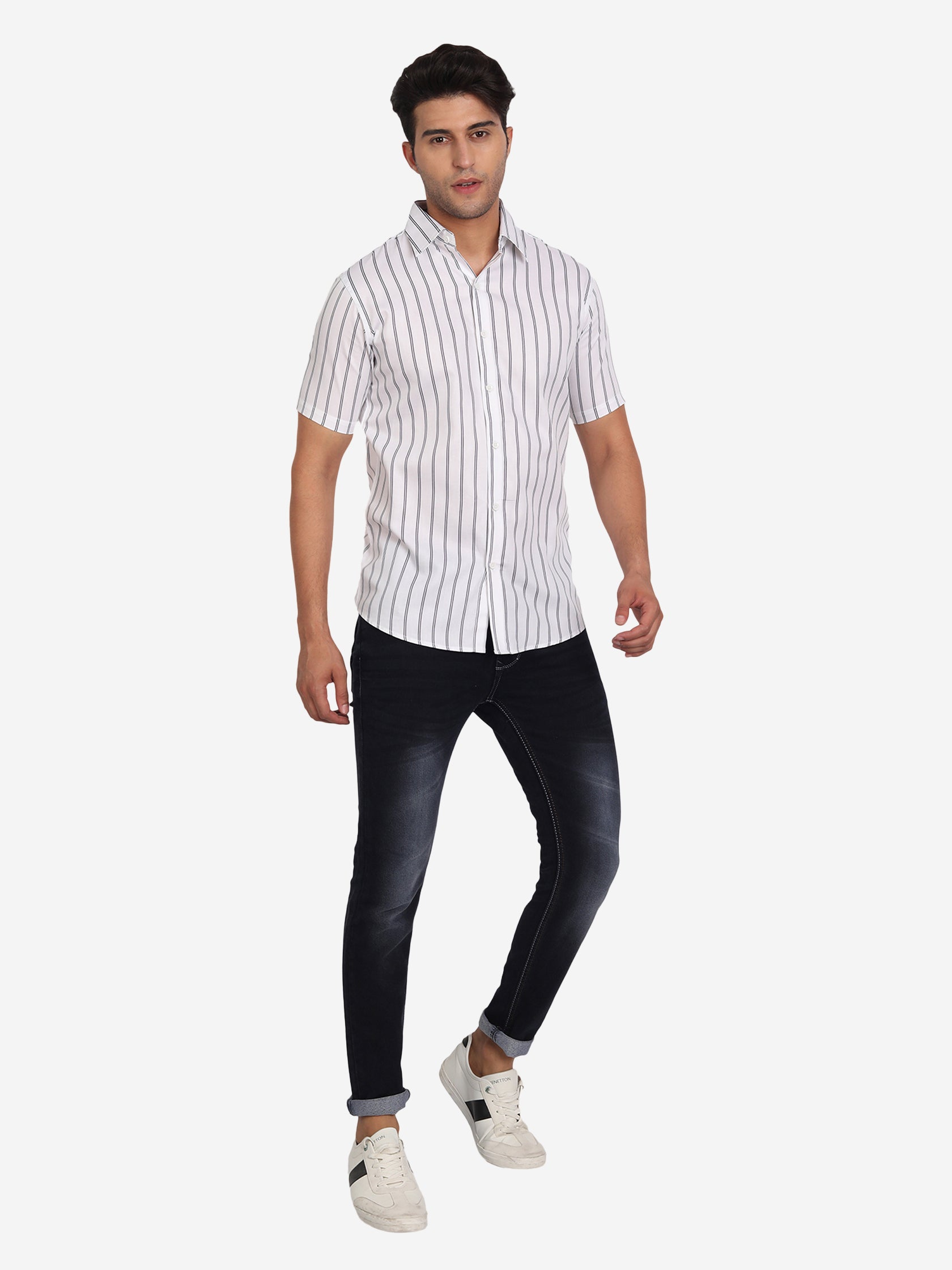 Men's Double Strip Half Sleeve Shirt in White by BLUE ROBED, detail view