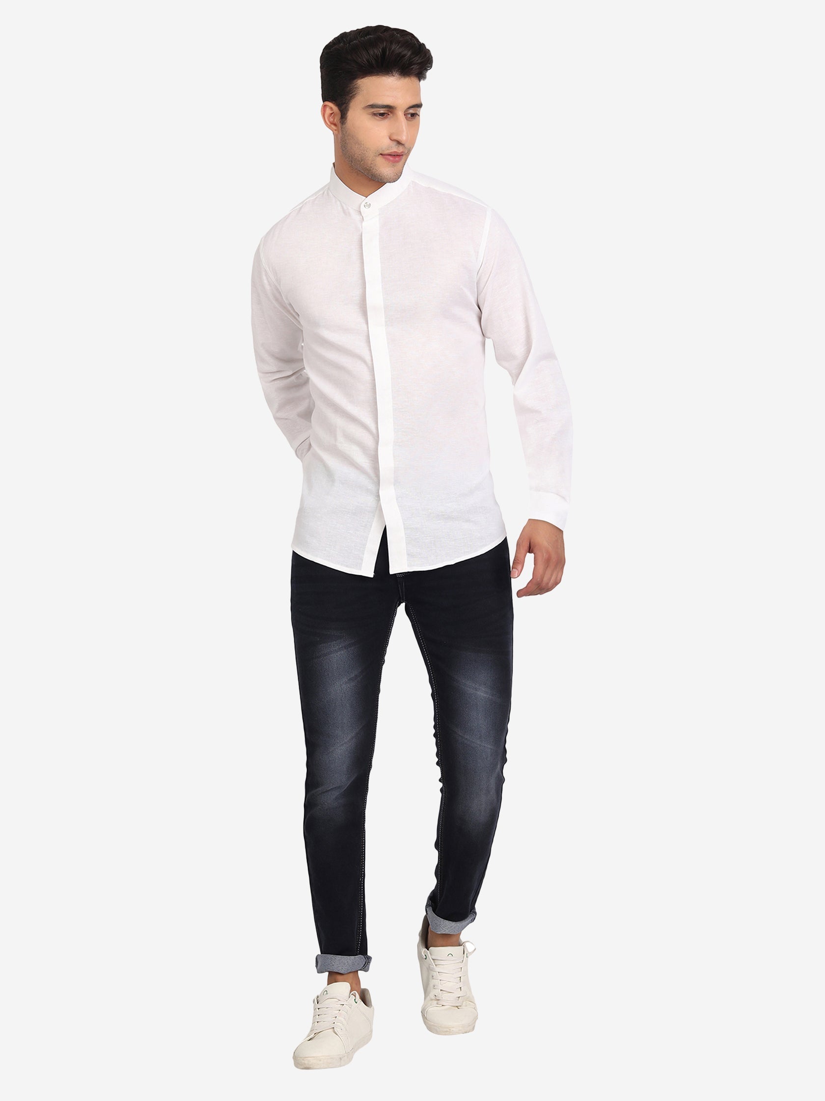 Men's Stitch Button Slim Fit Casual Shirt in White by BLUE ROBED, style view