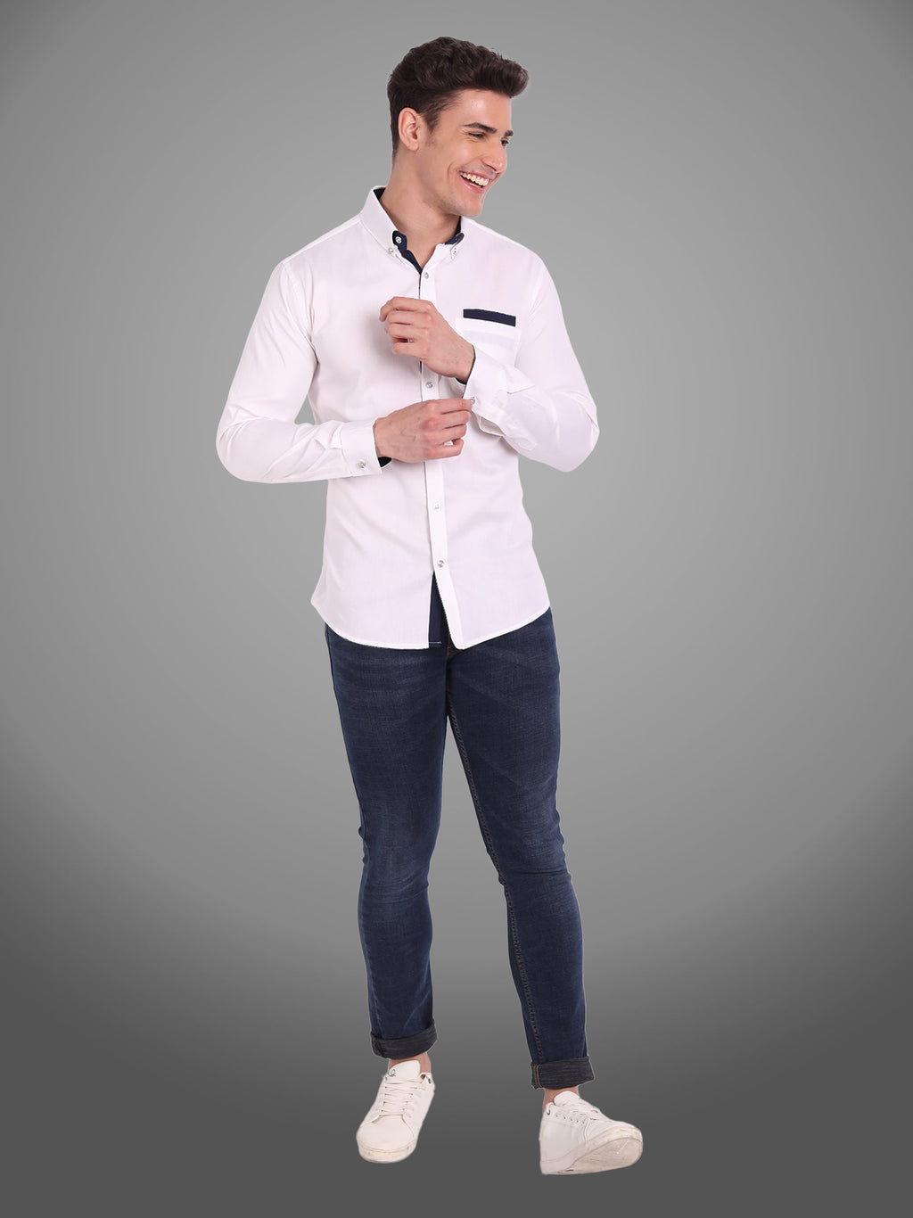 Men's Casual Full Sleeve Silver Button Shirt in White by BLUE ROBED, detail view