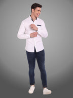 Men's Casual Full Sleeve Silver Button Shirt in White by BLUE ROBED, detail view