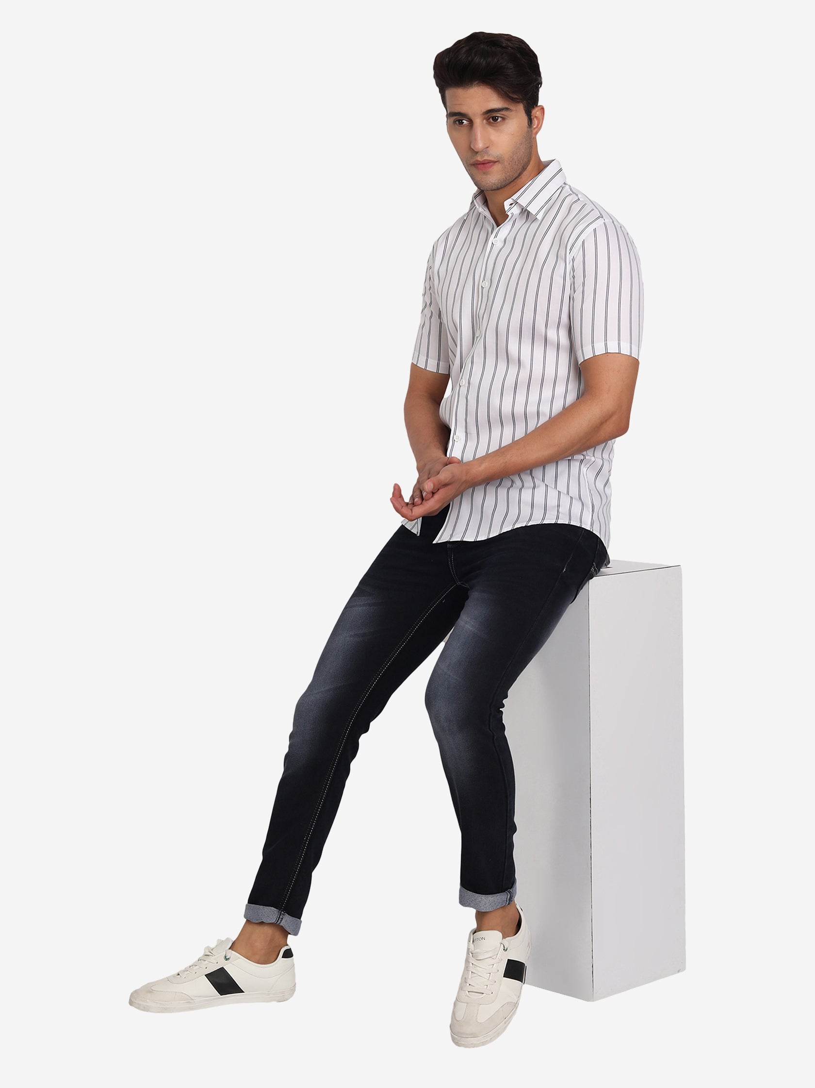 Men's Double Strip Half Sleeve Shirt in White by BLUE ROBED, style view