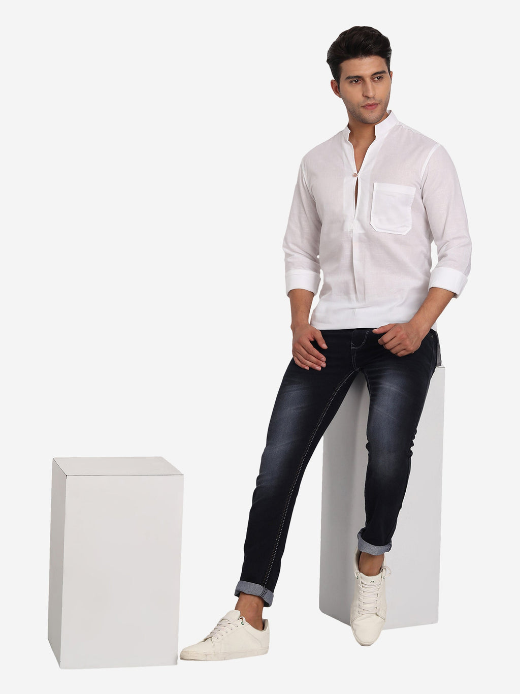BLUE ROBED Men Single Button Slim Fit Casual Kurta in White view 6