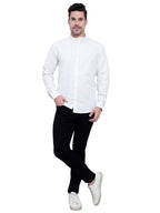 Men's Designer Contrast Button Slim Fit Cotton Shirt in White by BLUE ROBED, style view