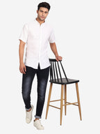 Men's Pure Cotton Mandarin Collar Casual Half Sleeve Shirt in White by BLUE ROBED, style view