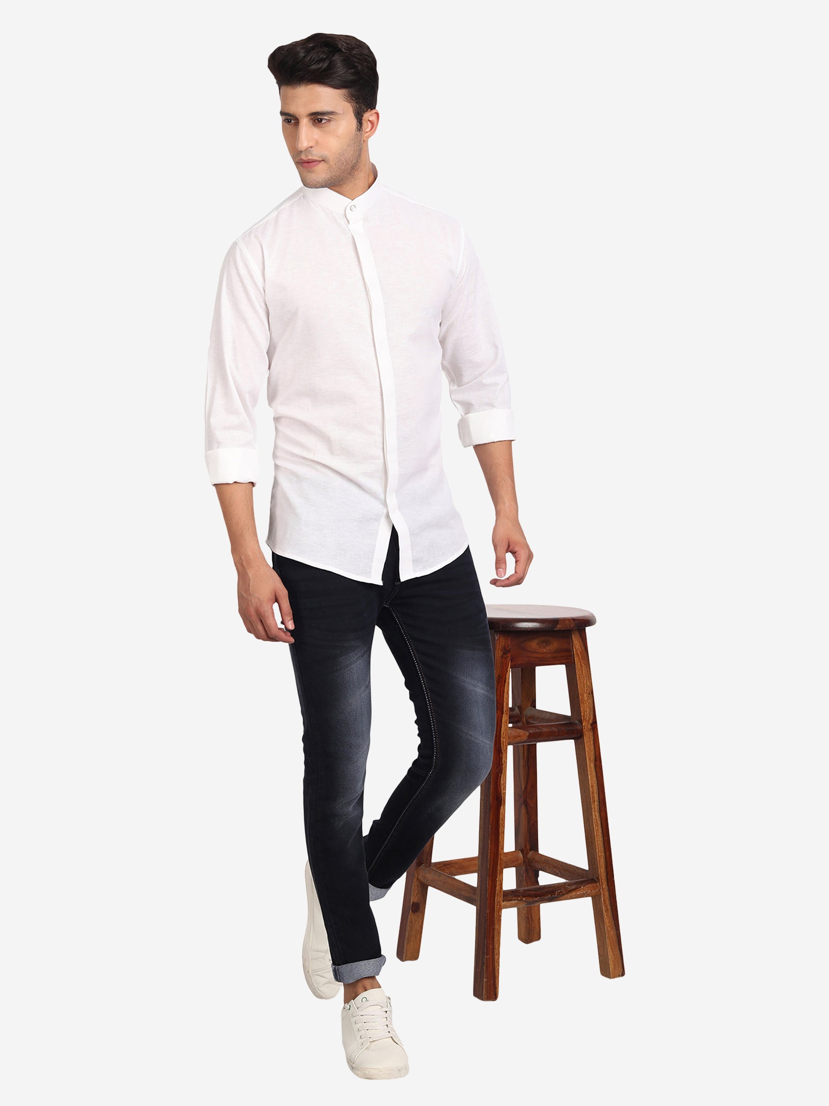 Men's Stitch Button Slim Fit Casual Shirt in White by BLUE ROBED, view