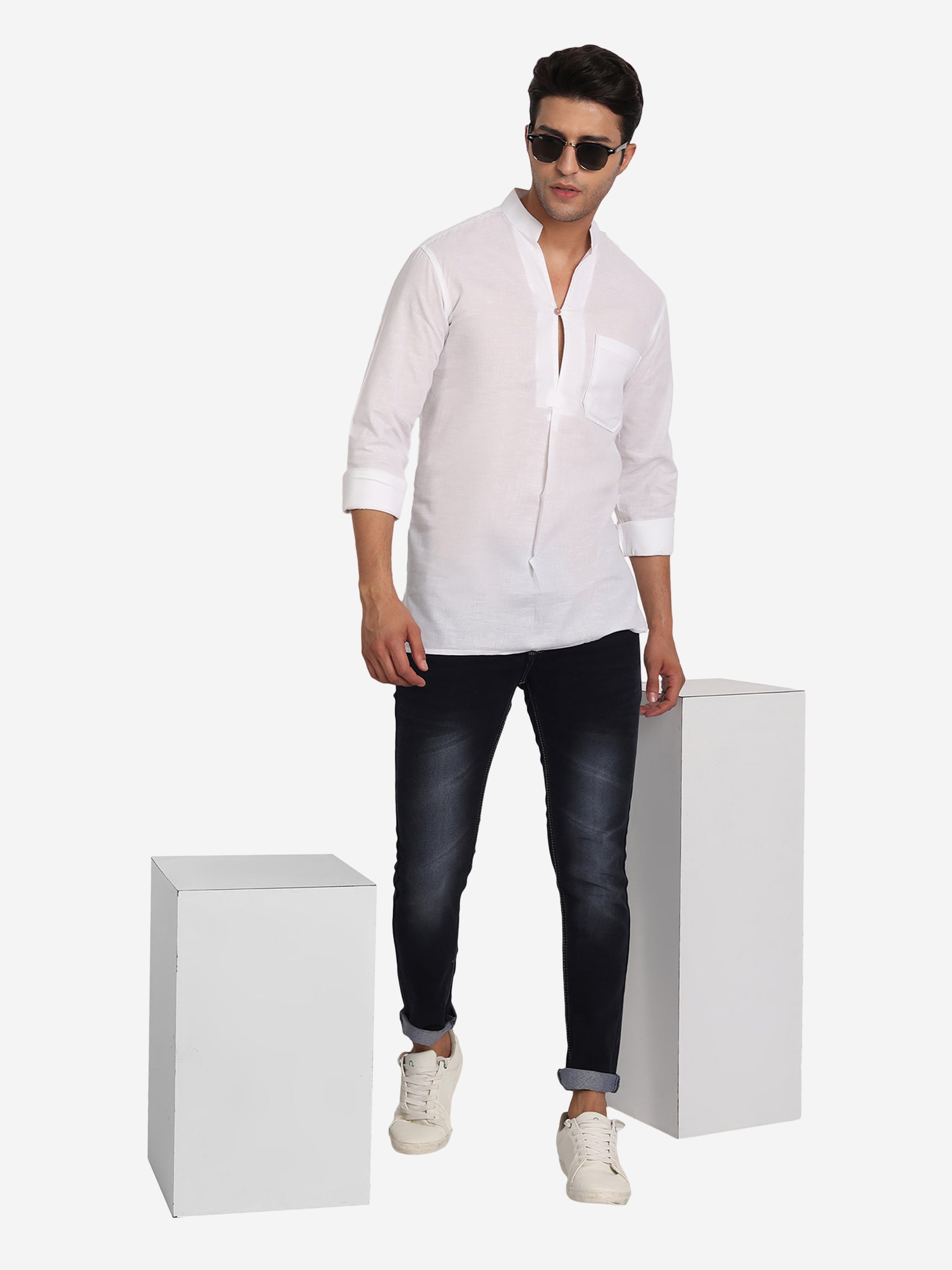 BLUE ROBED Men Single Button Slim Fit Casual Kurta in White view 7