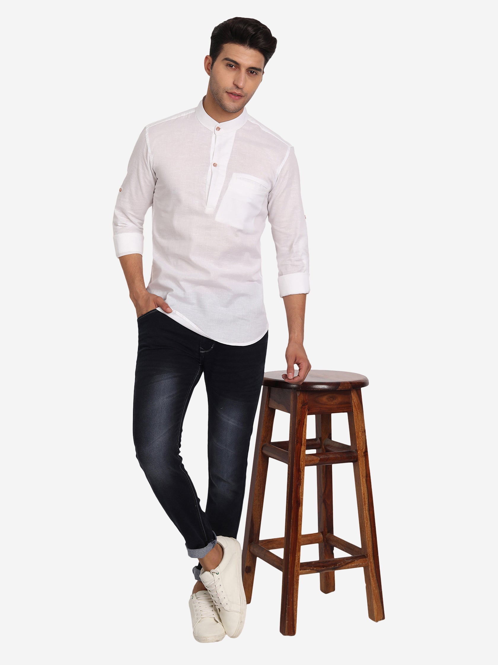 BLUE ROBED Men Pure Cotton Broad Placket Short Kurta in White view 12