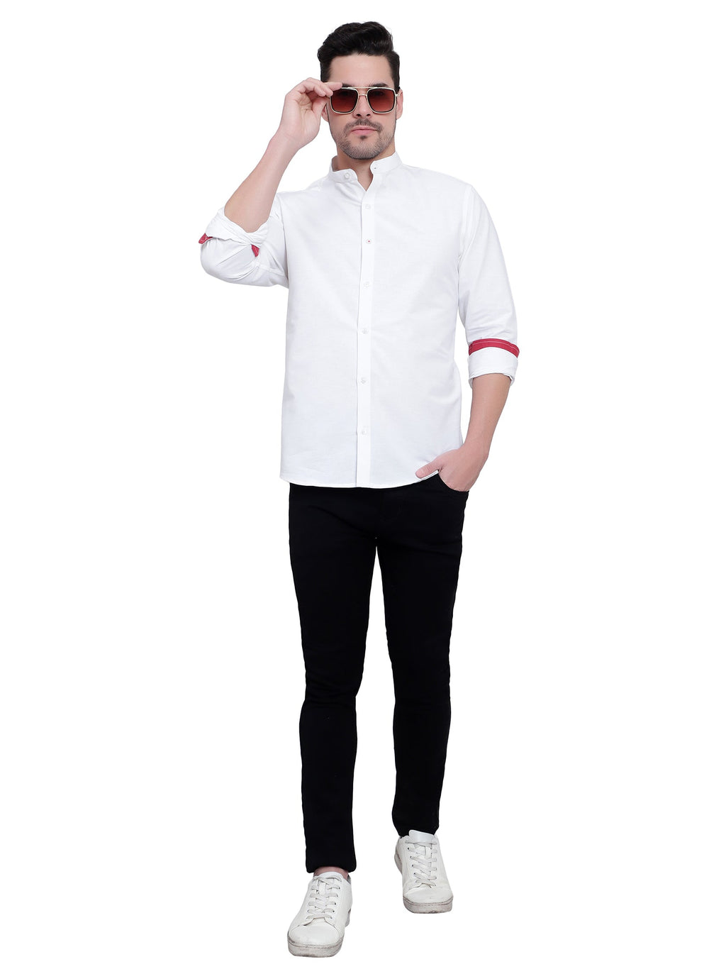 Men's Designer Contrast Button Slim Fit Cotton Shirt in White by BLUE ROBED, view