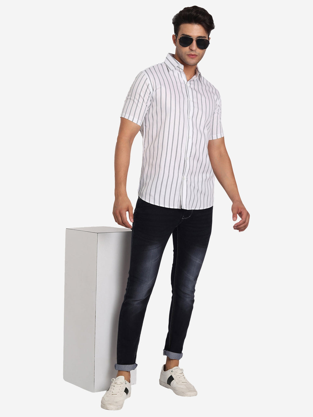 Men's Double Strip Half Sleeve Shirt in White by BLUE ROBED, fit view