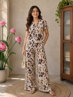 Women's Abstract Printed Linen Cotton Night Suit Co-ord Set | Half Sleeve Top & Full-Length Pyjama | Soft & Breathable Sleepwear