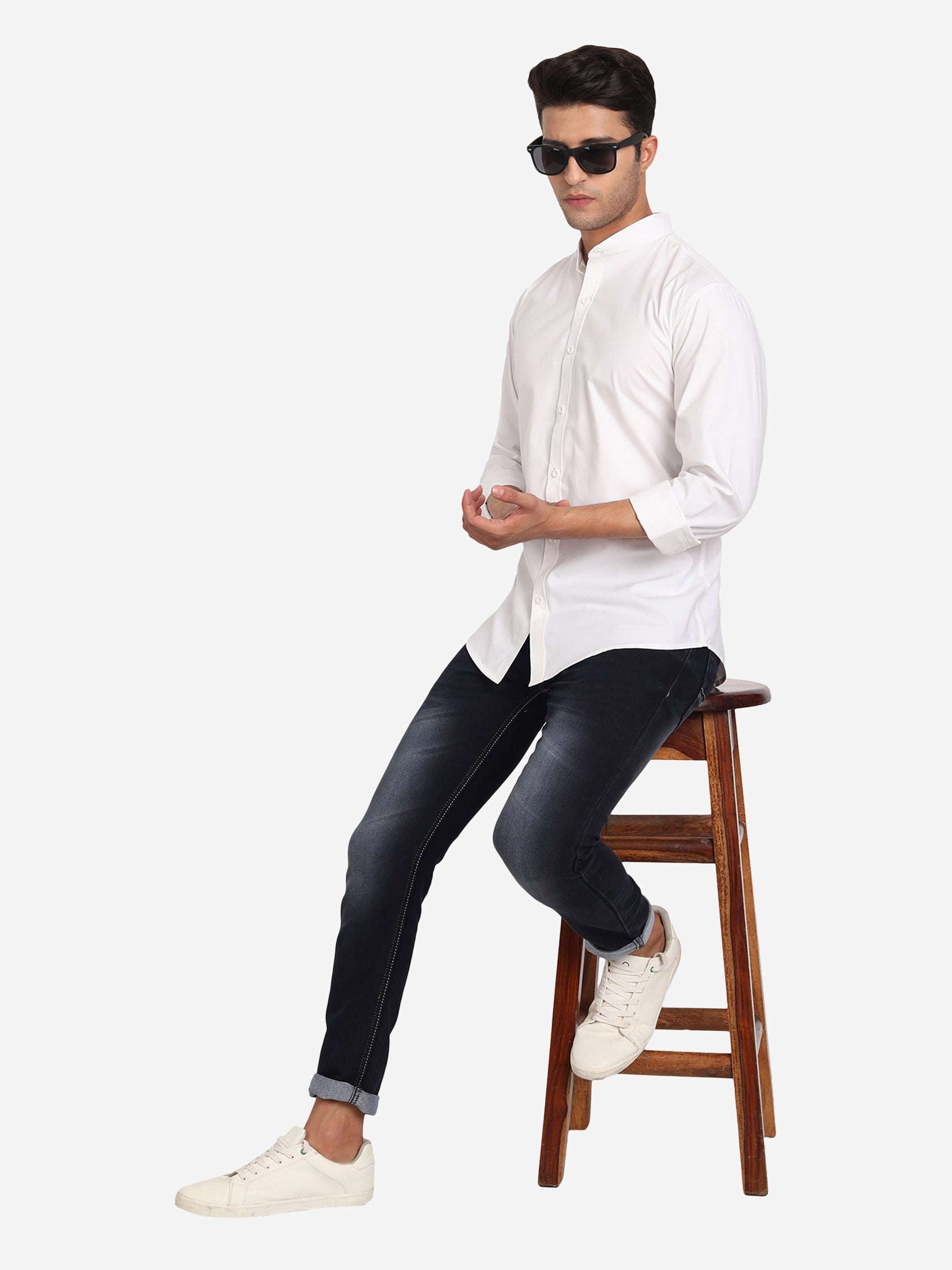 Men's Pure Cotton Mandarin Collar Casual Shirt in White by BLUE ROBED, fit view