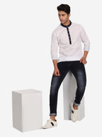 BLUE ROBED Men Slim Fit Contrast Collar Kurta in White view 7