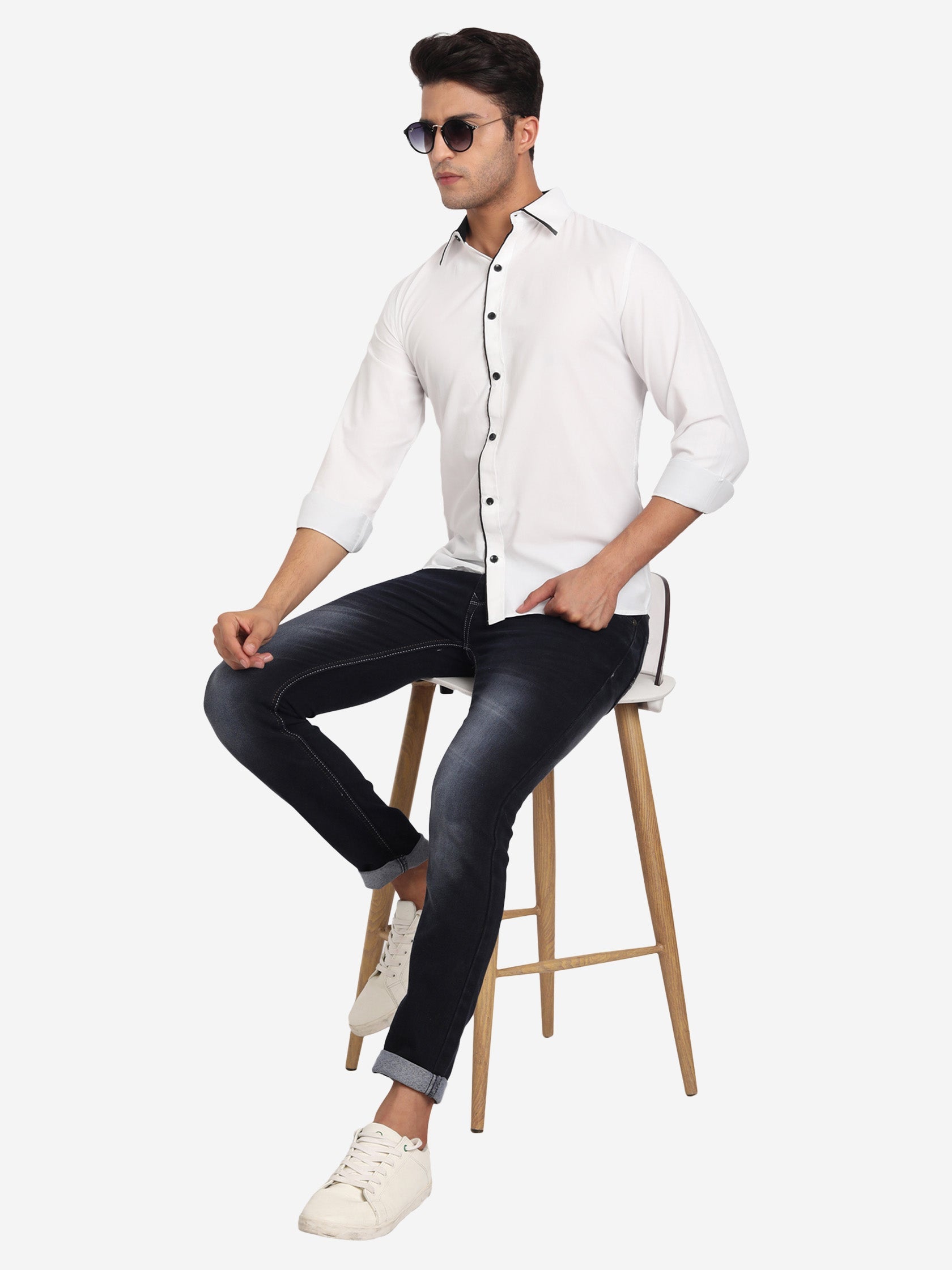 Men's Casual Full Sleeve XMan Shirt in White by BLUE ROBED, fit view